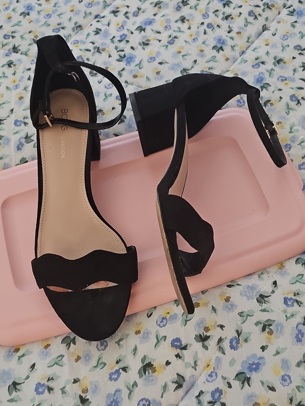 BCBG Black Suede Scalloped Ankle-Strap Block Heels